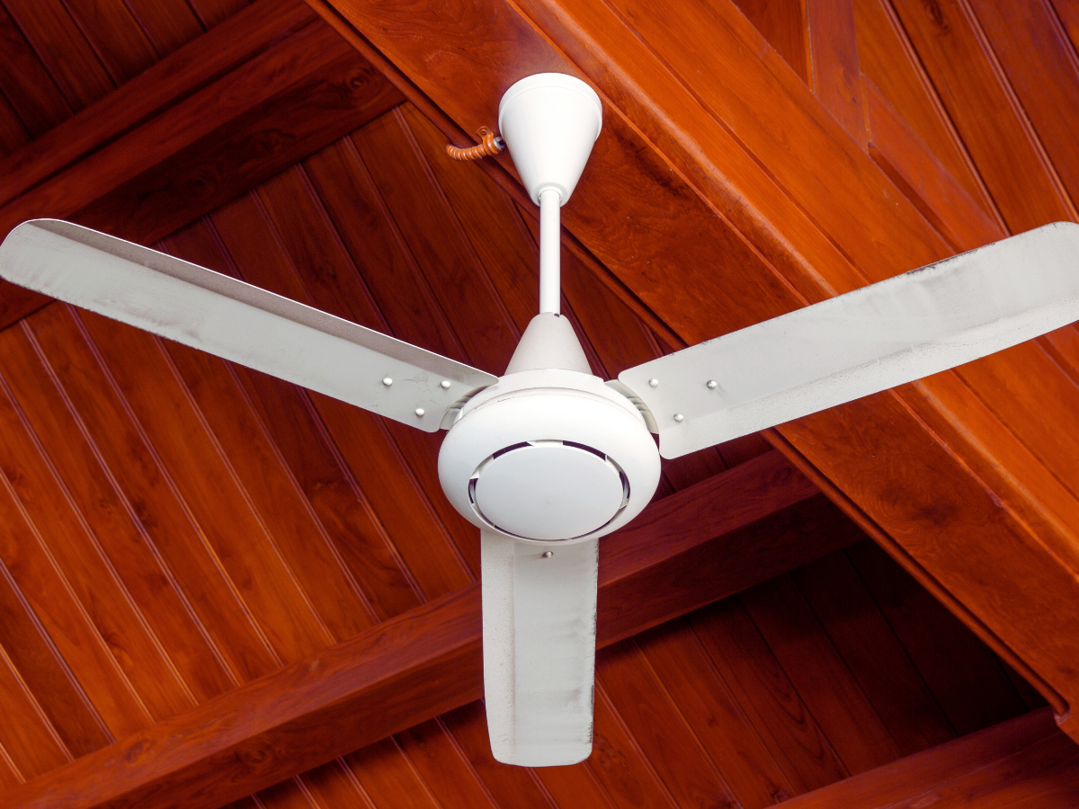 White ceiling fan attached to wooden ceiling 