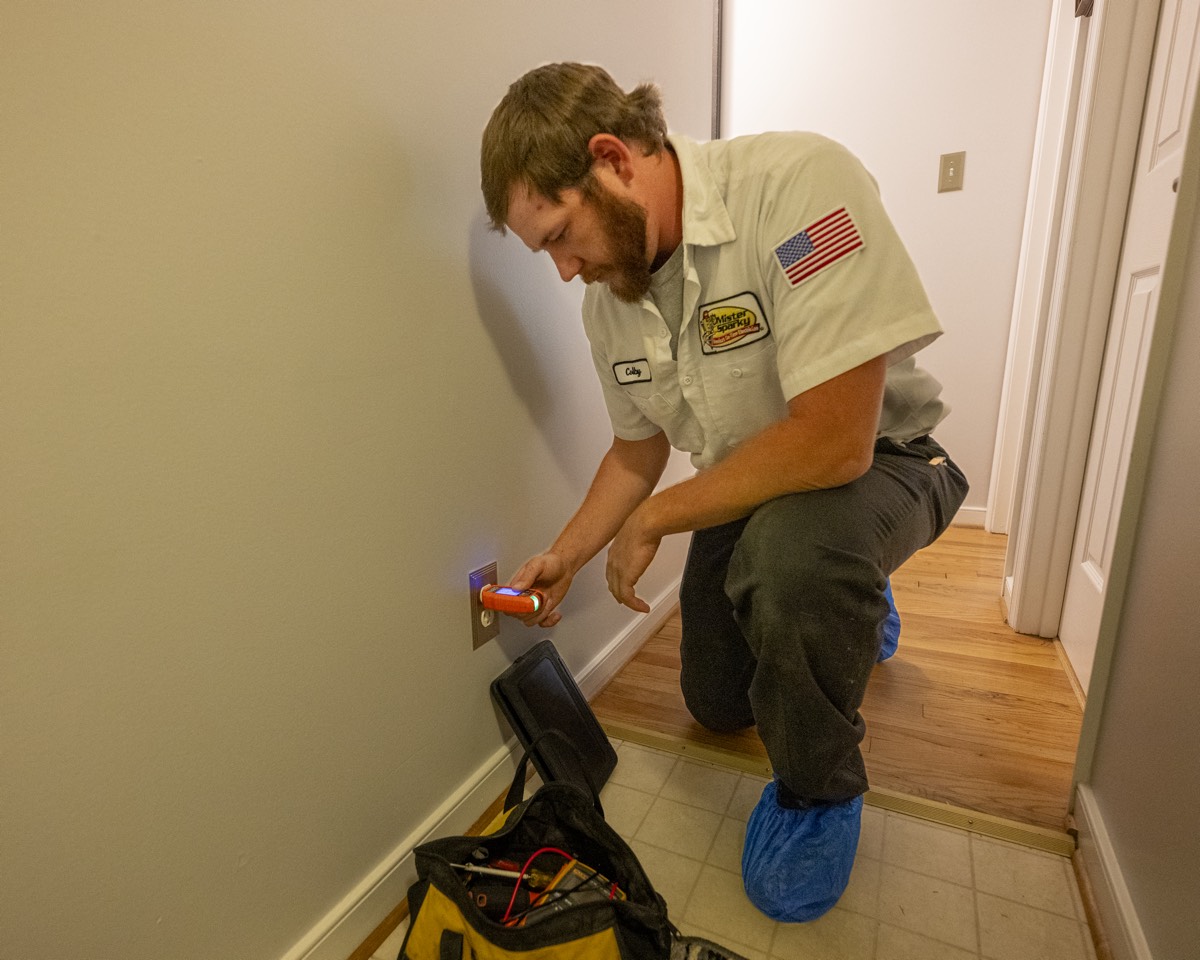 Mister Sparky testing outlet damage after lightning strike